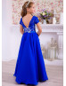Short Sleeves Royal Blue Lace Chiffon Curly Hem Flower Girl Dress